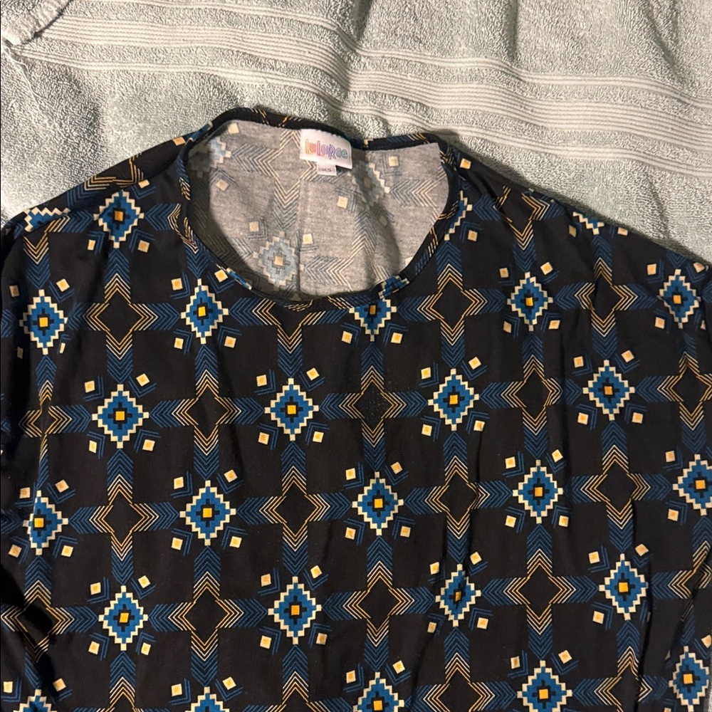 LuLaRoe Long Sleeve Crewneck Top in Black, Blue, and Gold Geometric Print